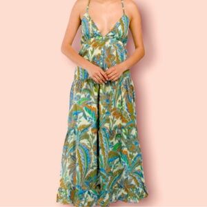 House of Harlow 1960 Dress | Boho Floral Blue Ivory V-neck Maxi Dress | Paisley